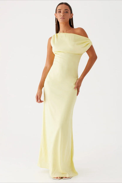 Solid Asymmetric Neckline Formal Dress