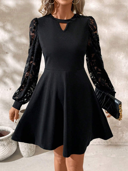 Keyhole Round Neck Floral Lace Bishop Sleeve Fit-and-Flare Mini Dress