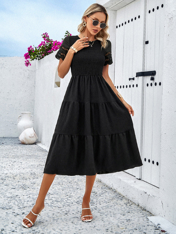Blue Zone Planet | Solid Color Short Sleeve Cutout Midi Dress