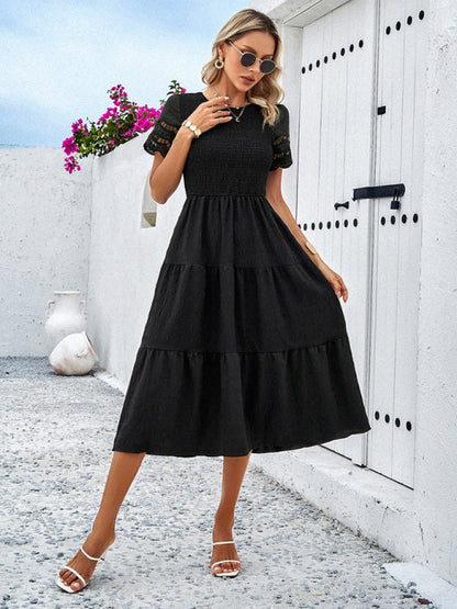 Blue Zone Planet | Solid Color Short Sleeve Cutout Midi Dress