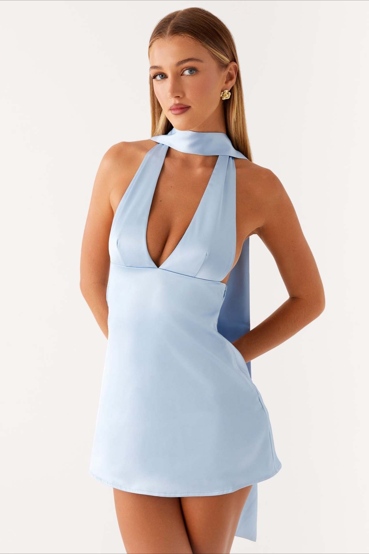 Satin Halter Scarf Tie Deep V-Neck Open Side Backless Mini Dress