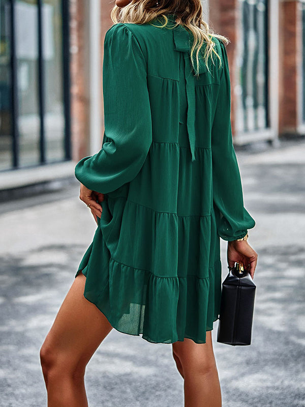A-Line Bishop Sleeve Elasticity Pleated Solid Color Split-Joint Tied Mock Neck Mini Dresses