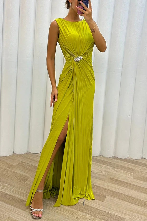 Pleated Round Neck Sleeveless Rhinestone Waist Gathered High Slit Maxi Gown