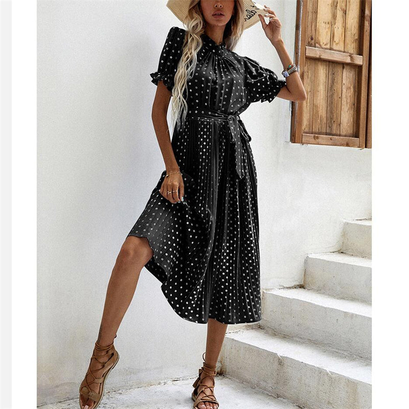 Polka Dot Round Neck Pleated Midi Dress in Multiple Colors