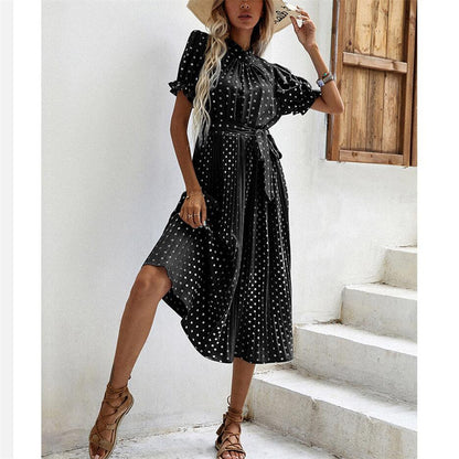 Polka Dot Round Neck Pleated Midi Dress in Multiple Colors