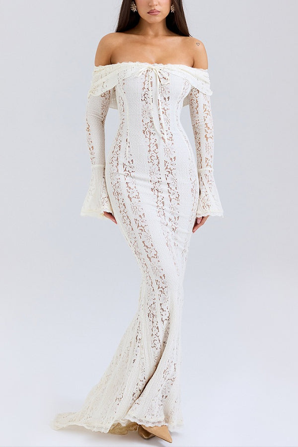 Floral Lace Off Shoulder Bell Sleeve Mermaid Maxi Dress