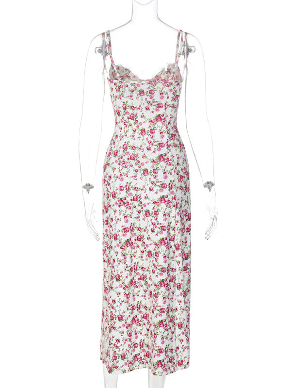 Floral Print Lace Backless Bohemian Straps Neck Midi Dress