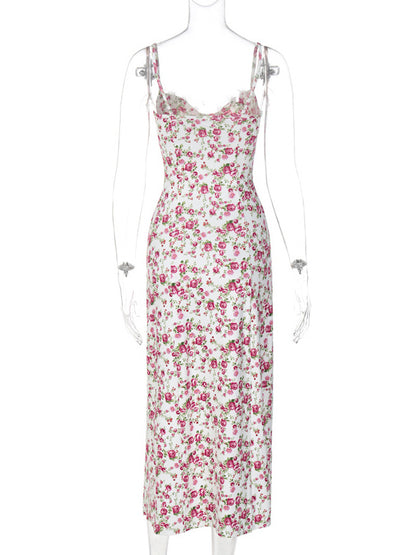 Floral Print Lace Backless Bohemian Straps Neck Midi Dress