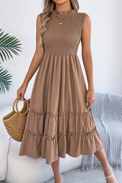 Solid Color Sleeveless Tucked Patchwork Casual Midi Dress