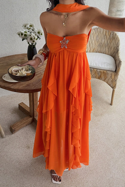 Strapless Ruched Starfish Brooch Cascading Vertical Ruffle Chiffon Maxi Dress