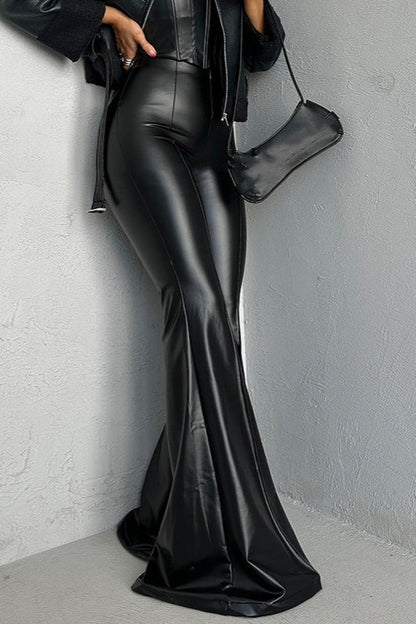 Solid Leather Slim Fit High Waist Flared Tight Casual Pants