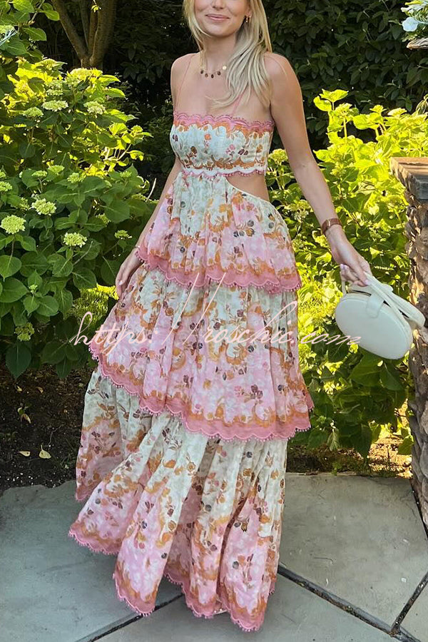 Charming Smile Floral Print Scalloped Lace-trim Back Tie-up Tiered Maxi Dress