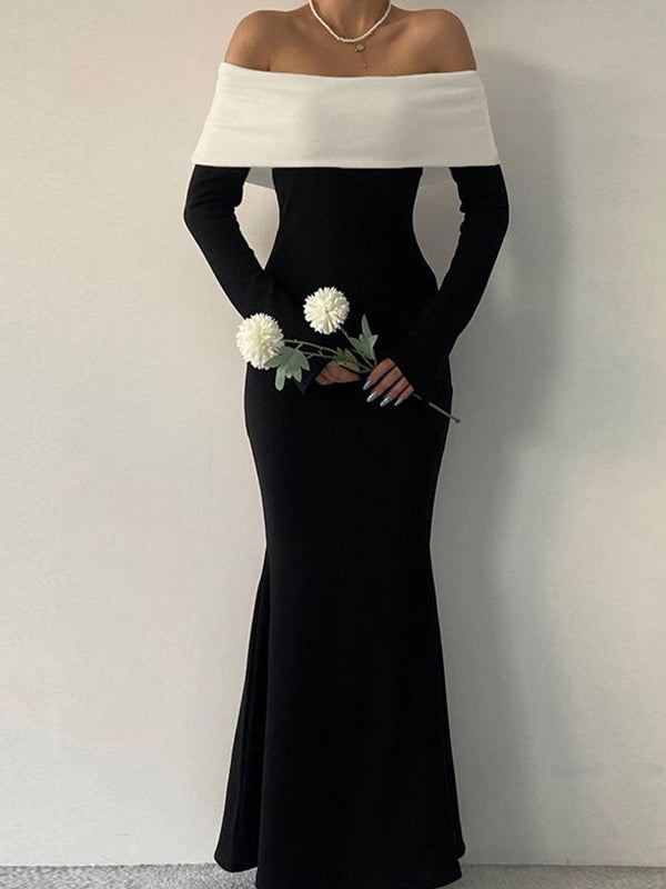 Contrast Color Trim Off Shoulder Long Sleeve Maxi Dress
