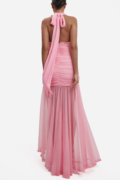 Elegant V-neck Sleeveless Pleated Ribbon Mesh Hem Maxi Dress