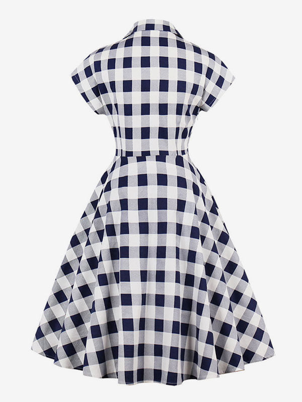 White Vintage Dresses V Neck Short Sleeve Checkered A Line Midi Dress For Women