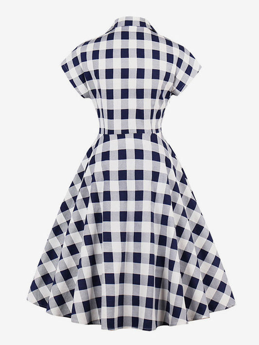 White Vintage Dresses V Neck Short Sleeve Checkered A Line Midi Dress For Women