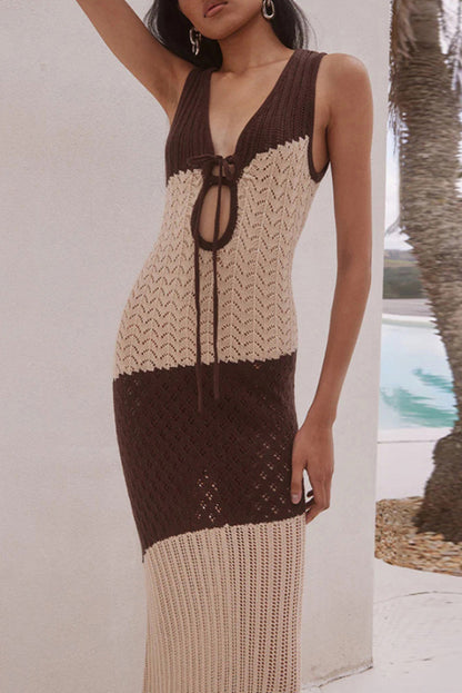 Fashionable Color-blocked Openwork Knit Slim-fit Maxi Dress