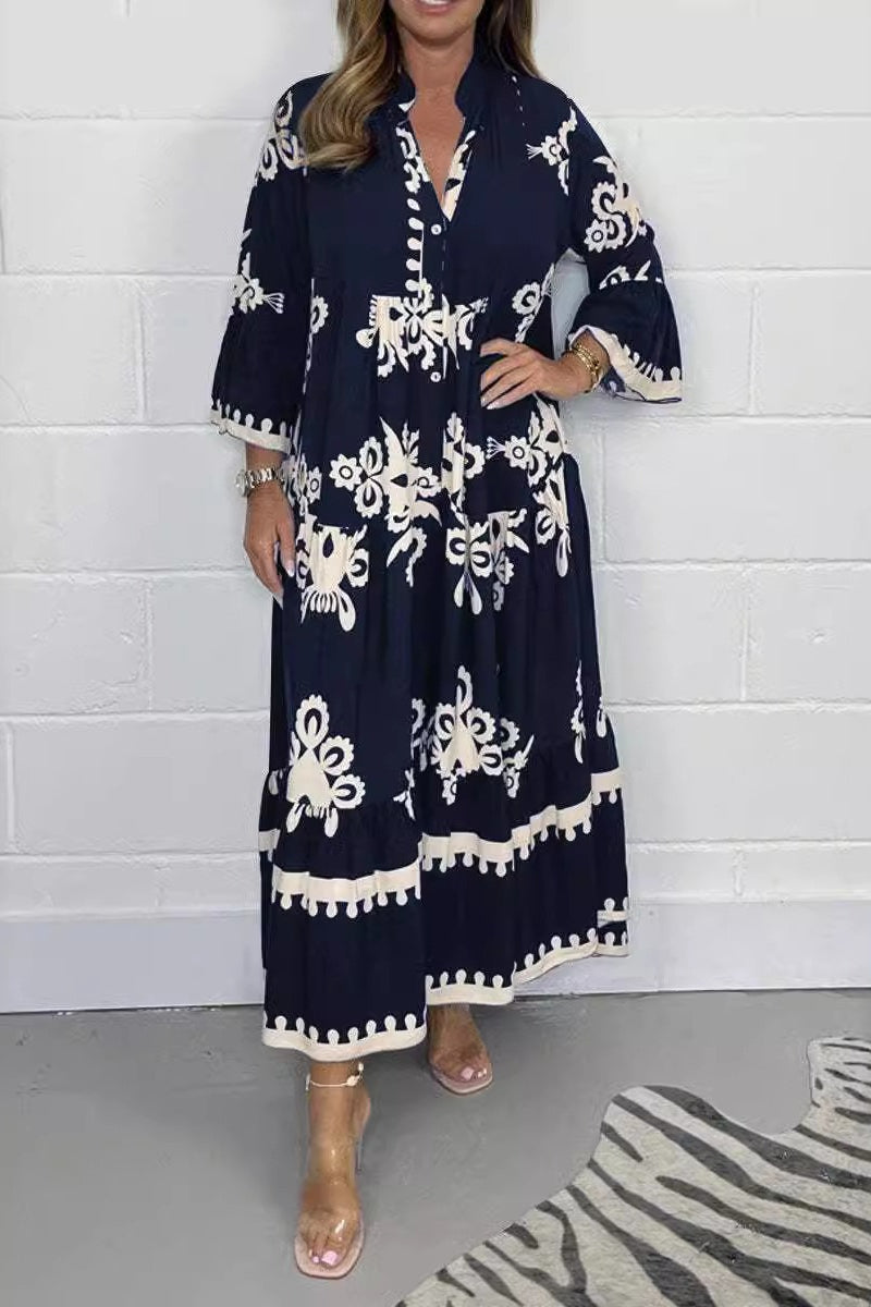 Floral Print Band Collar Waist Cinching Elegant Boho Dress