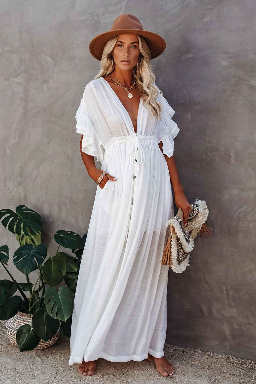 Deep V-Neck Flutter Sleeve Button Front Drawstring Waist Maxi Dress