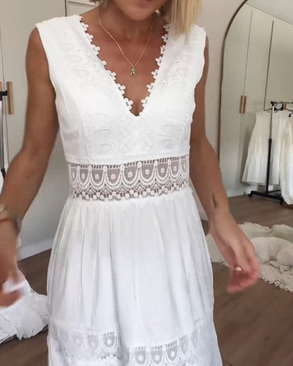 Crochet Lace Trim Deep V-Neck Wide Strap Tiered Ruffle Midi Dress