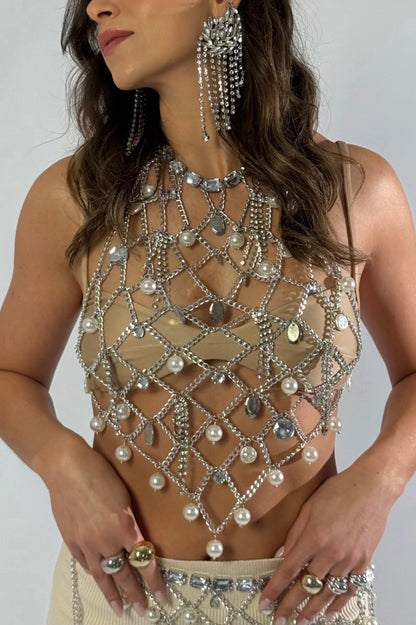 Fashionable Pearl and Diamond Embellished Mesh Openwork Body Chain