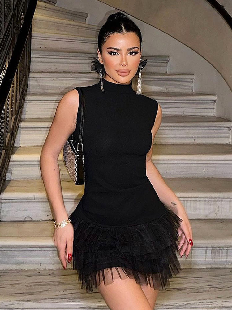 Summer Dress Mini Dresses Black High Collar Ruffles Organza Beach Dress