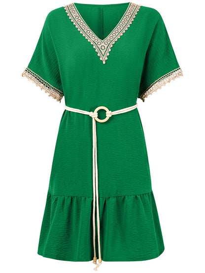 Short Sleeves Belted Split-Joint V-neck Mini Dresses