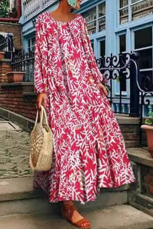 Graphic Leaf Print Scoop Neck Long Sleeve Flowy Maxi Dress