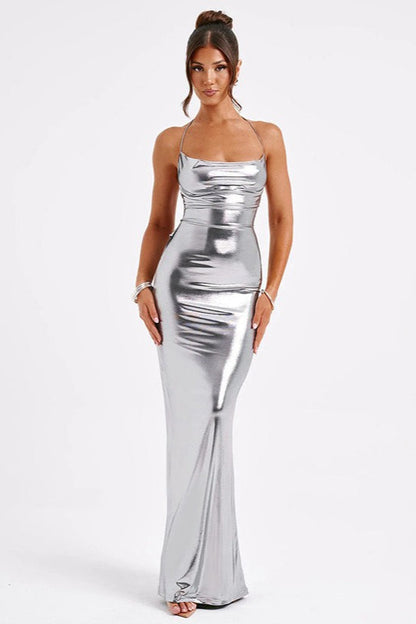 Spaghetti Strap Cowl Neck Liquid Metallic Bodycon Maxi Gown