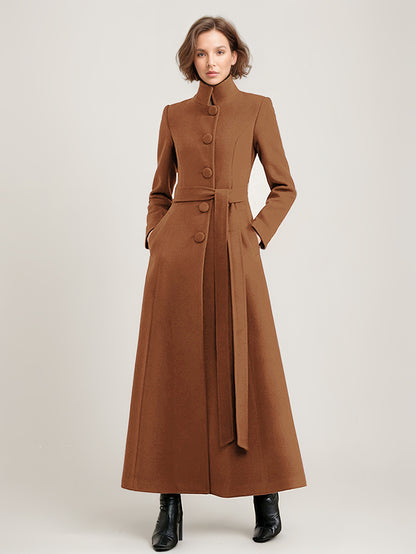 Wool Blend Long Coat Black Belted Stand Collar Winter Full Length Outerwear For Women 2026