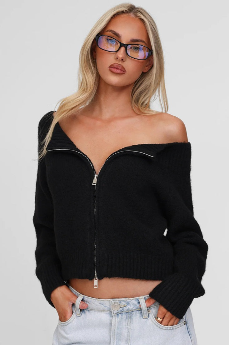 Off-Shoulder Sexy Retro Double-Zip Slim Knit Cardigan