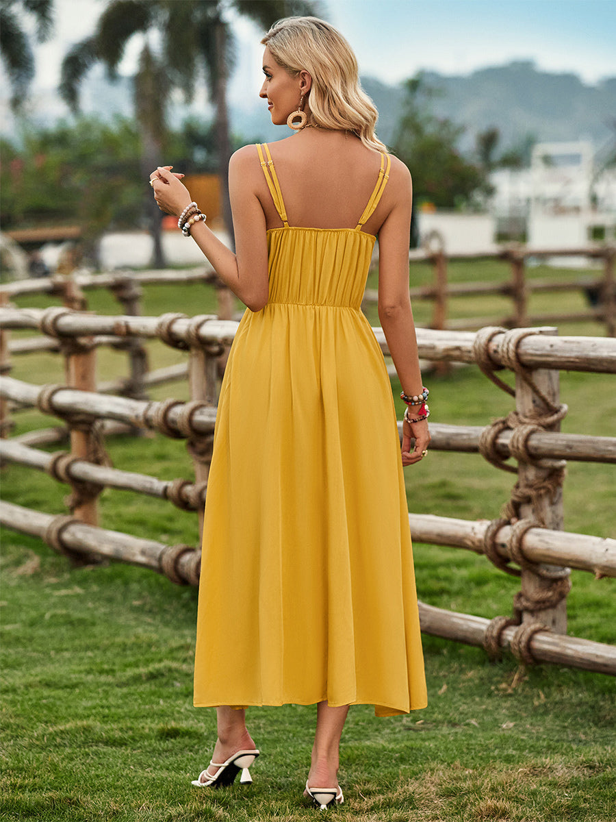 Summer Dress Dual Strap Knot Front Backless Pleated Casual Midi Dresses