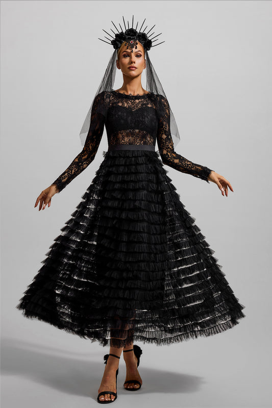 Lace Tiered Long Sleeve Midi Dress