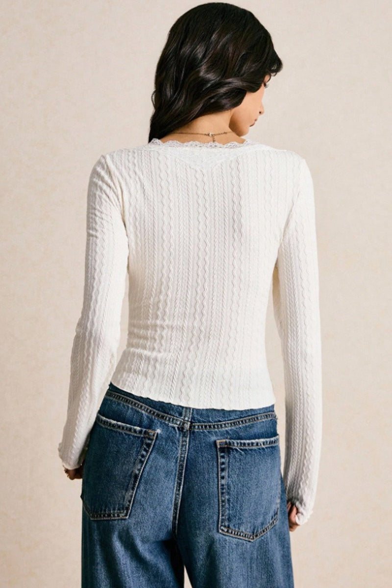 Slim Fit Long Sleeve Lace V Neck Blouse