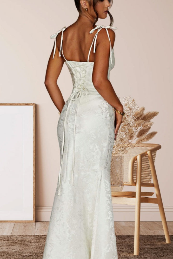 Tie-Shoulder Jacquard Floral Mermaid Maxi Formal Gown