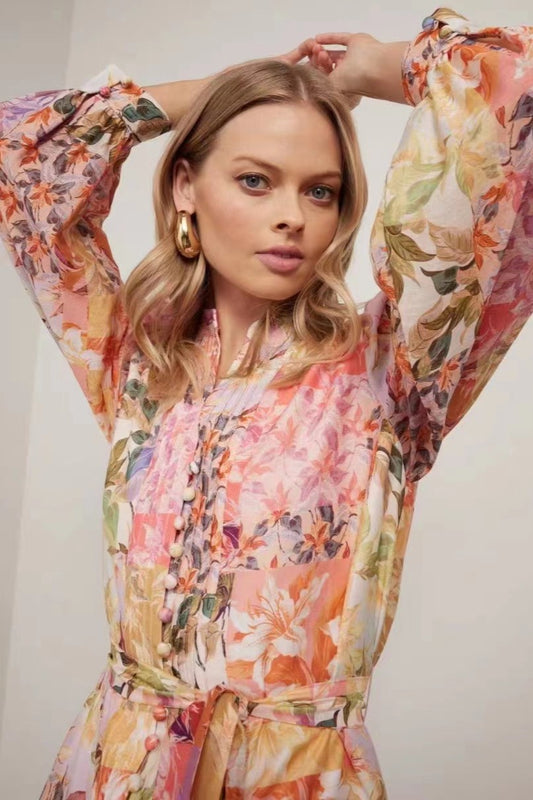 Floral Pleat Single Breasted Lantern Sleeve Mini Dress With Belt