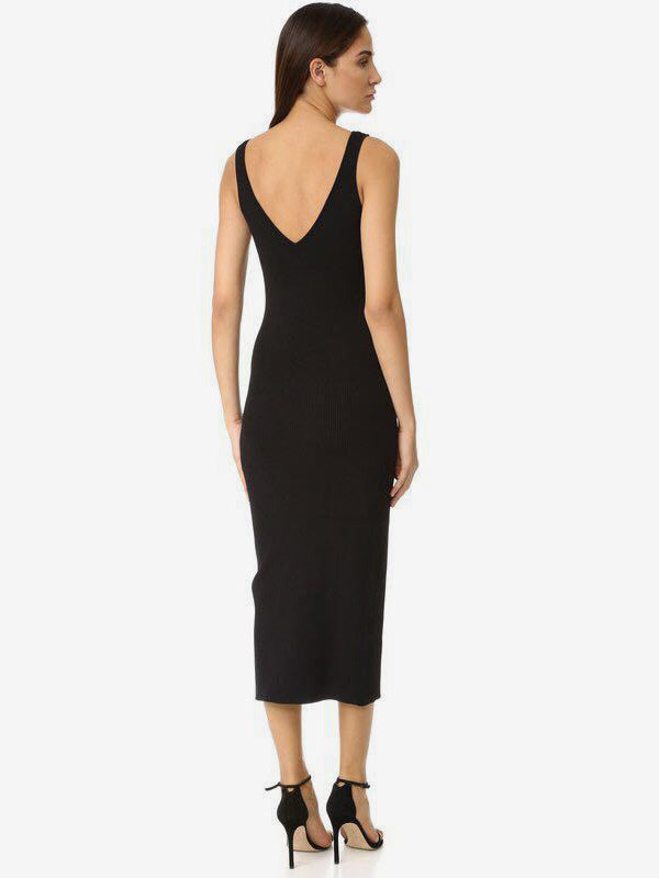Bodycon Dresses Black Sleeveless Lace Up Sexy Straps Neck Knotted Midi Dress Sheath Dress
