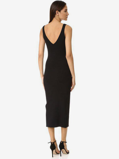 Bodycon Dresses Black Sleeveless Lace Up Sexy Straps Neck Knotted Midi Dress Sheath Dress