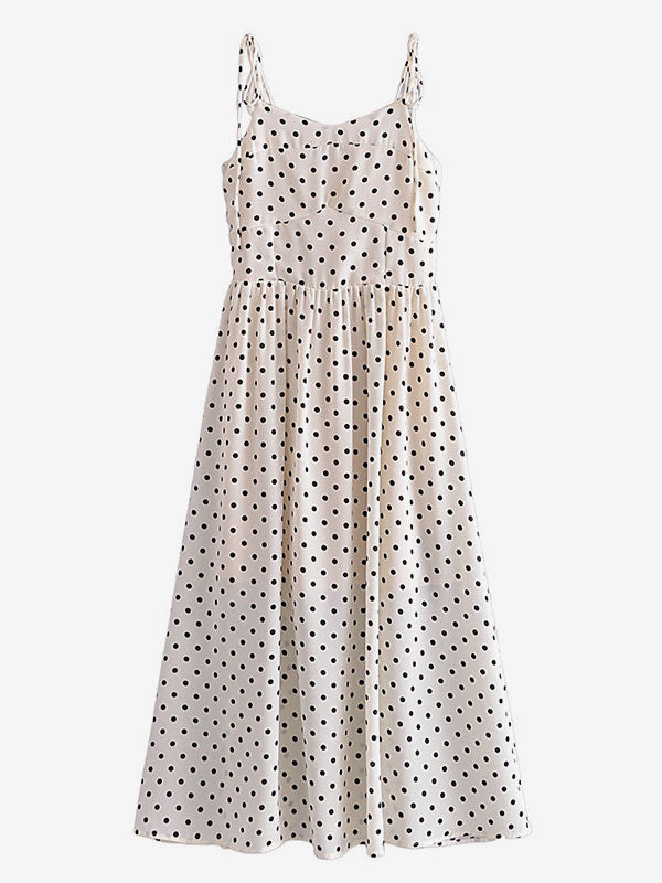 Summer Midi Dress White Straps Neck Pleated Polka Dot Beach Dress