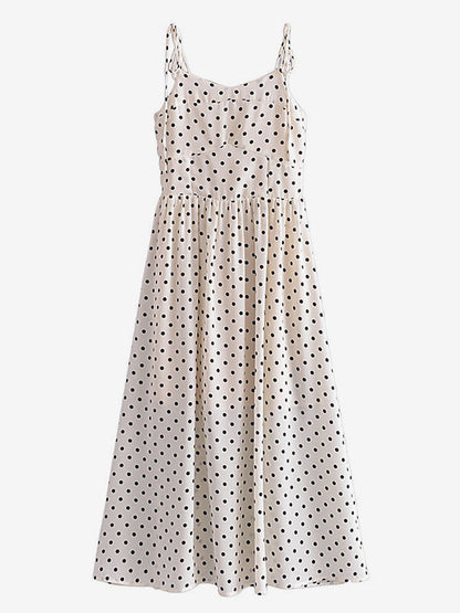 Summer Midi Dress White Straps Neck Pleated Polka Dot Beach Dress