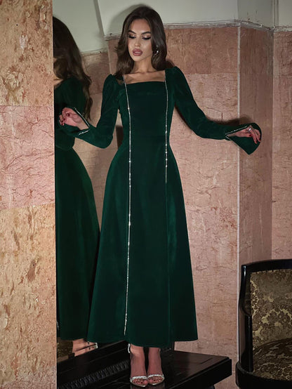 Velvet Piping Dress Square Neck Long Sleeves Slit Prom Maxi Dresses