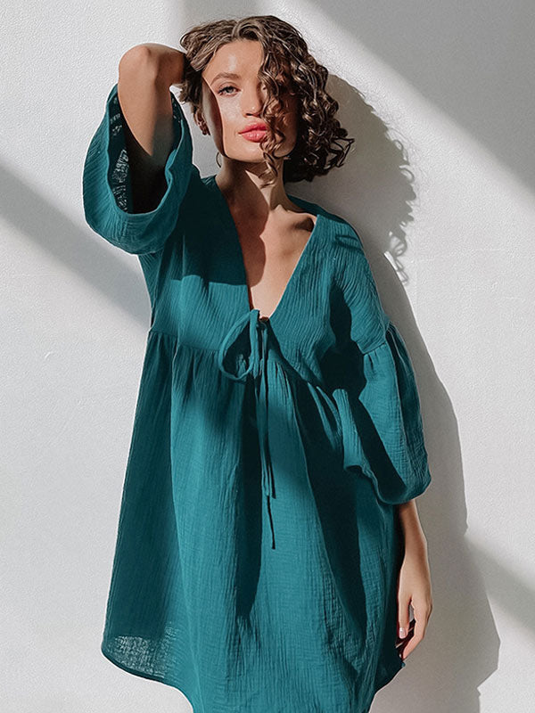 Boho Dress V-Neck Ruffles Sleeves Belted Summer Beach Mini Dresses