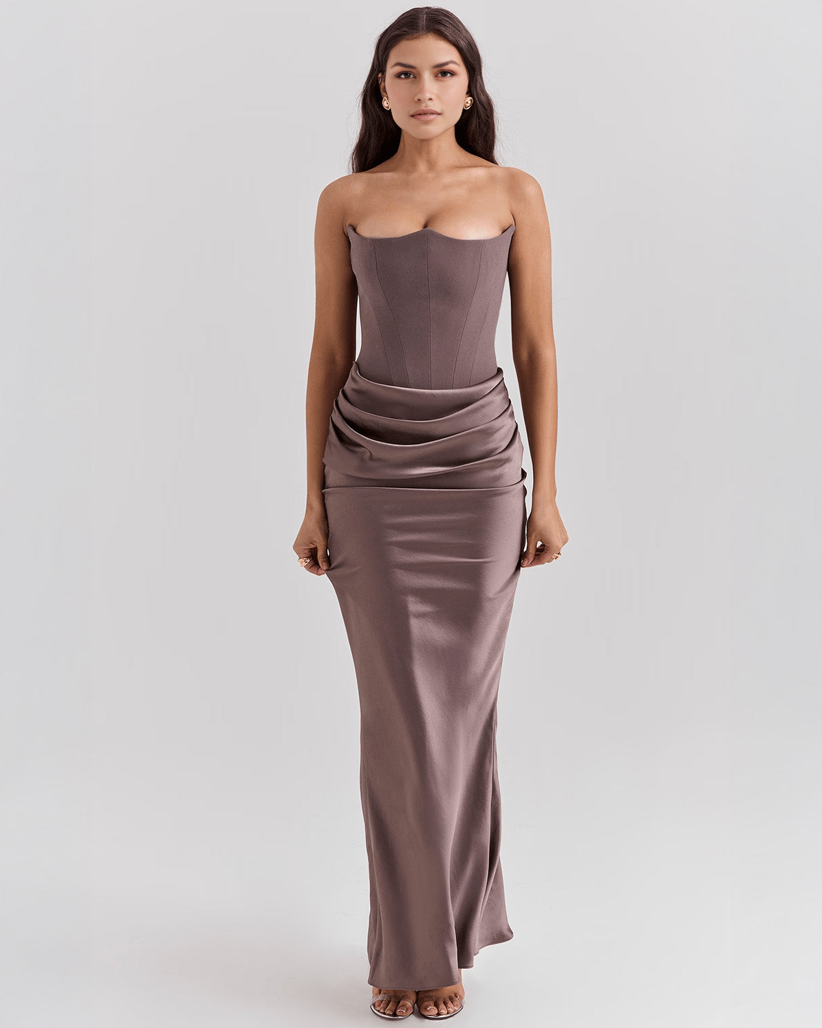 Strapless Pointed Sweetheart Corset Bodice Draped Hip Column Maxi Gown