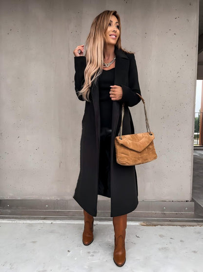Solid Color Lapel Long Sleeve Woolen Simple Tie Coats