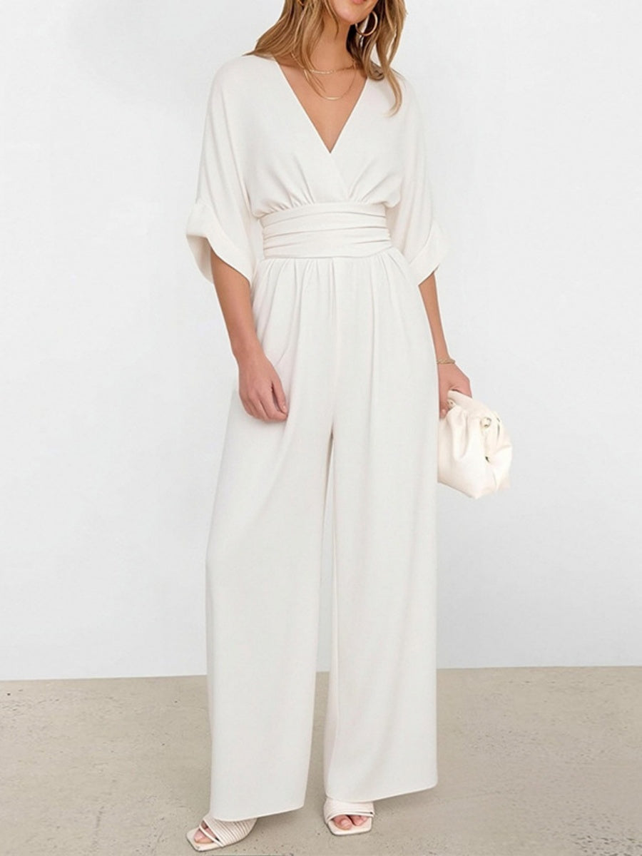 V-neck Waist Mid-length Sleeves Wide Leg Temperament Commuting Jumpsuits