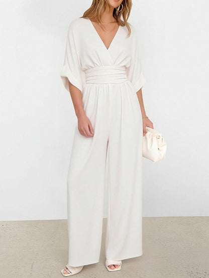 V-neck Waist Mid-length Sleeves Wide Leg Temperament Commuting Jumpsuits