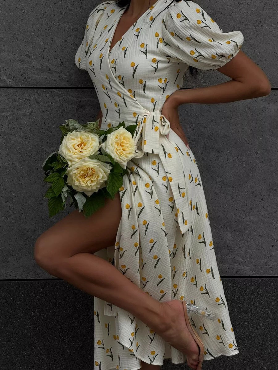 Pure Cotton Bandage Wrap-up Puff Sleeve Printed Comfort Maxi Dresses