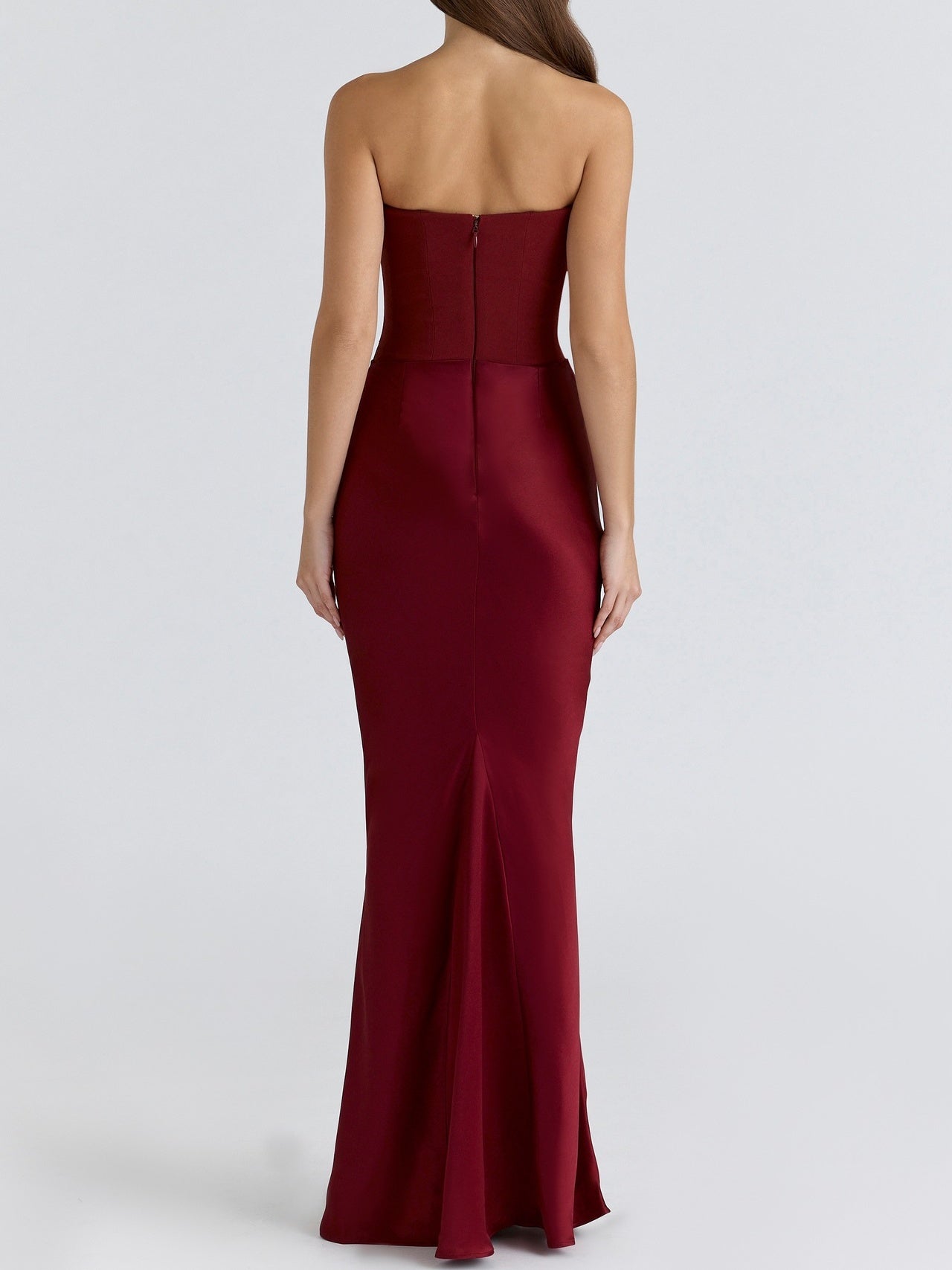 Satin Belted Strapless Off-the-shoulder Fishbone Pleated Long Bodycon Dress