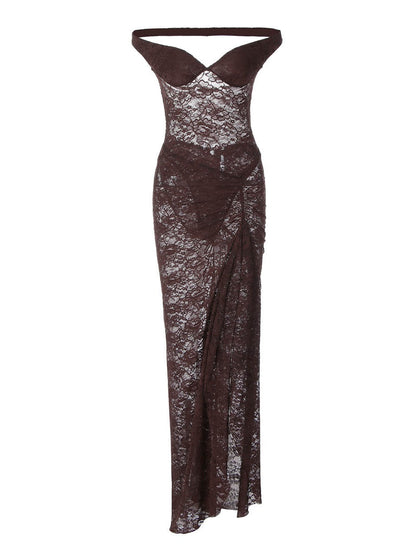 Two-piece Set: Patchwork Off-shoulder Backless Bodysuit With Sheer Lace Slit Maxi Skirt