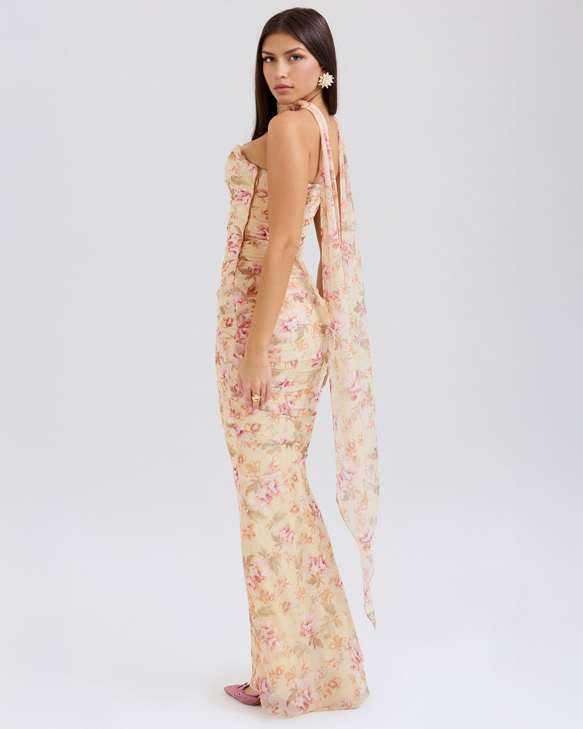 Strapless Corset Ruched Garden Floral Print Choker Neck Maxi Dress